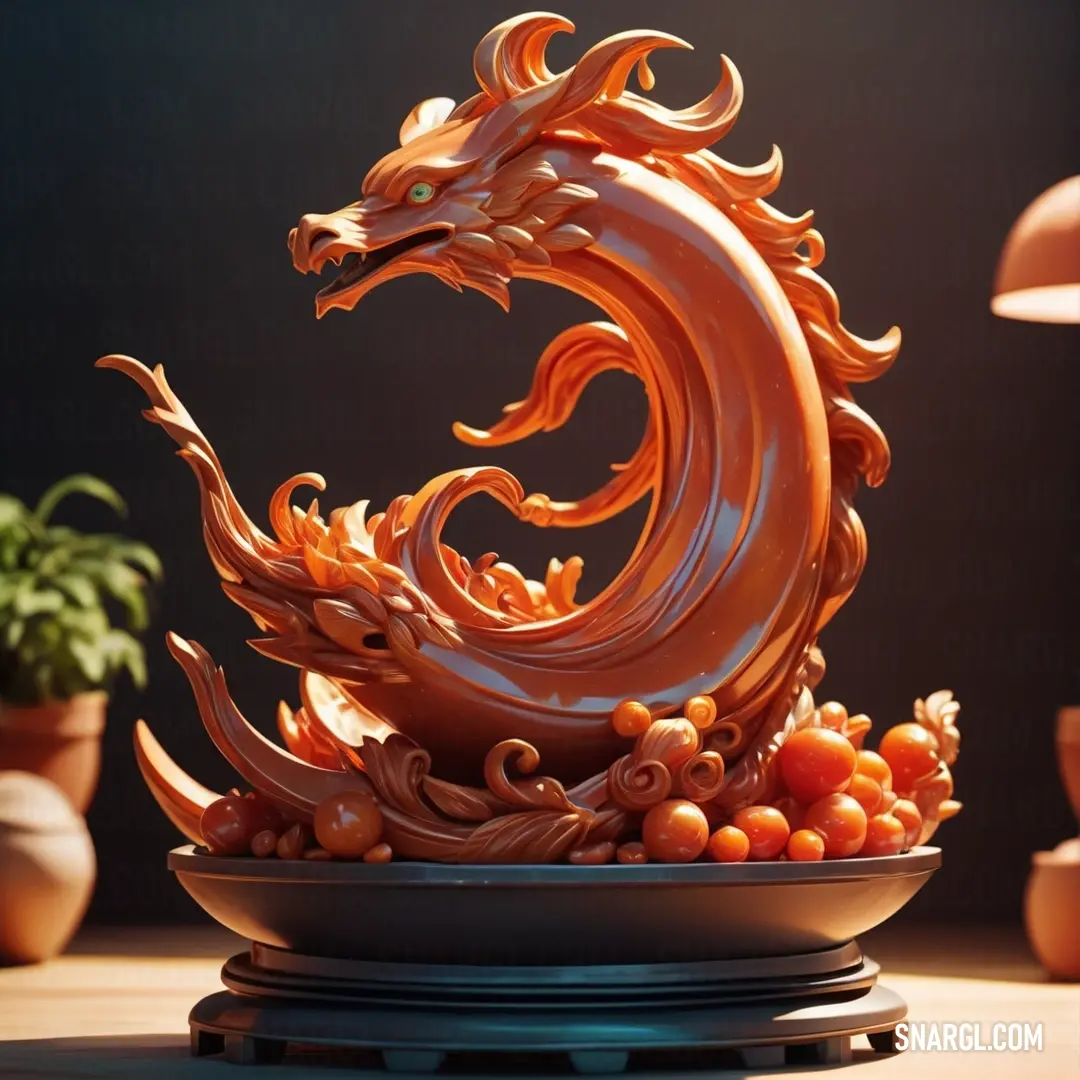 Sculpture of a dragon on a bowl of fruit and vegetables on a table with a potted plant. Example of #A34000 color.