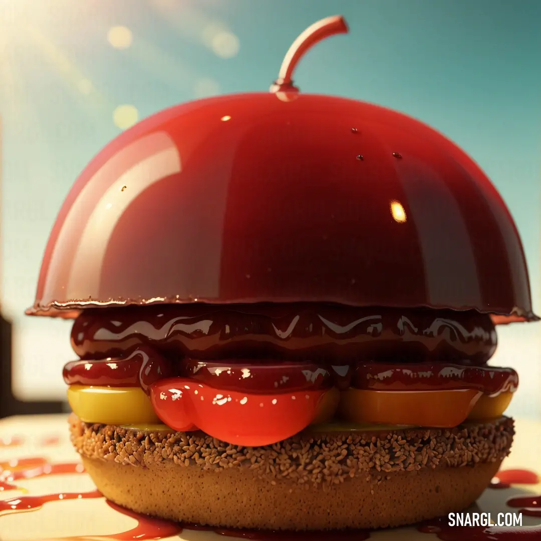 Hamburger with a red dome on top of it on a table with a red tablecloth and a blue sky in the background. Color RGB 156,45,0.