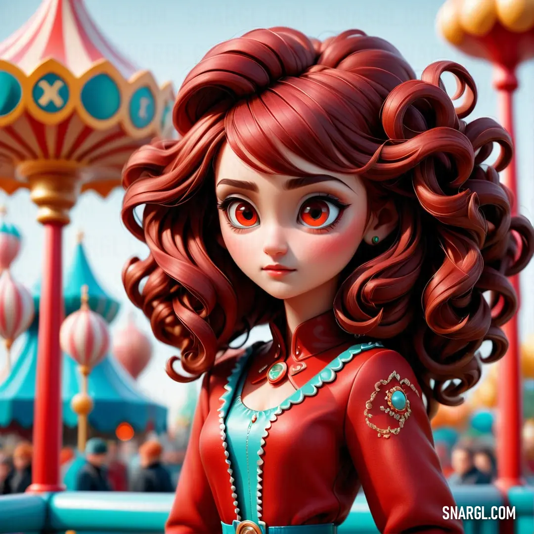Cartoon girl with red hair and a red dress in front of a carnival ride with a carousel in the background. Example of CMYK 0,80,100,37 color.