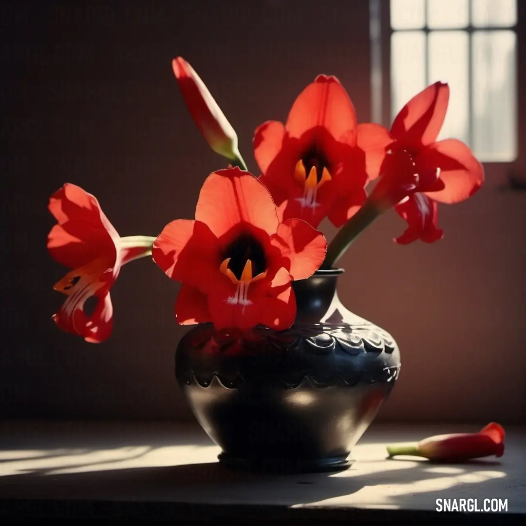 Vase with red flowers in it on a table next to a window with a shadow cast on it. Color #7E0E0F.