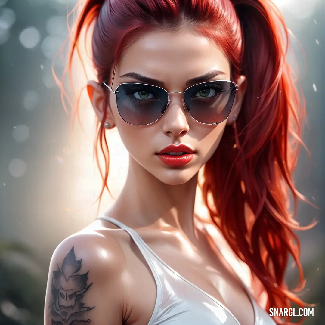 Woman with red hair and sunglasses on her face and a tattoo on her arm and shoulder. Color CMYK 0,95,90,50.
