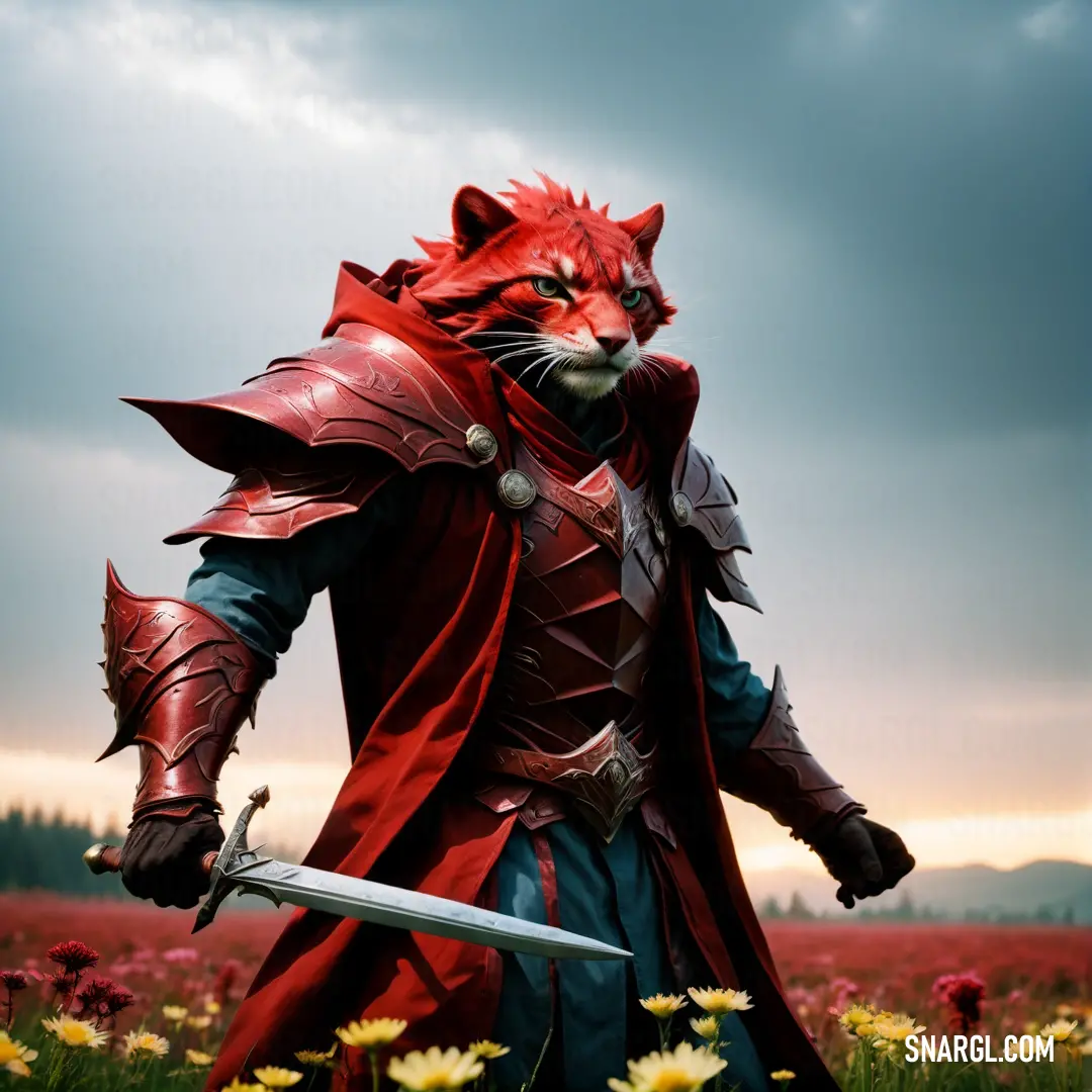 NCS S 3560-Y90R color. Cat dressed in armor and holding a sword in a field of flowers with a cloudy sky in the background