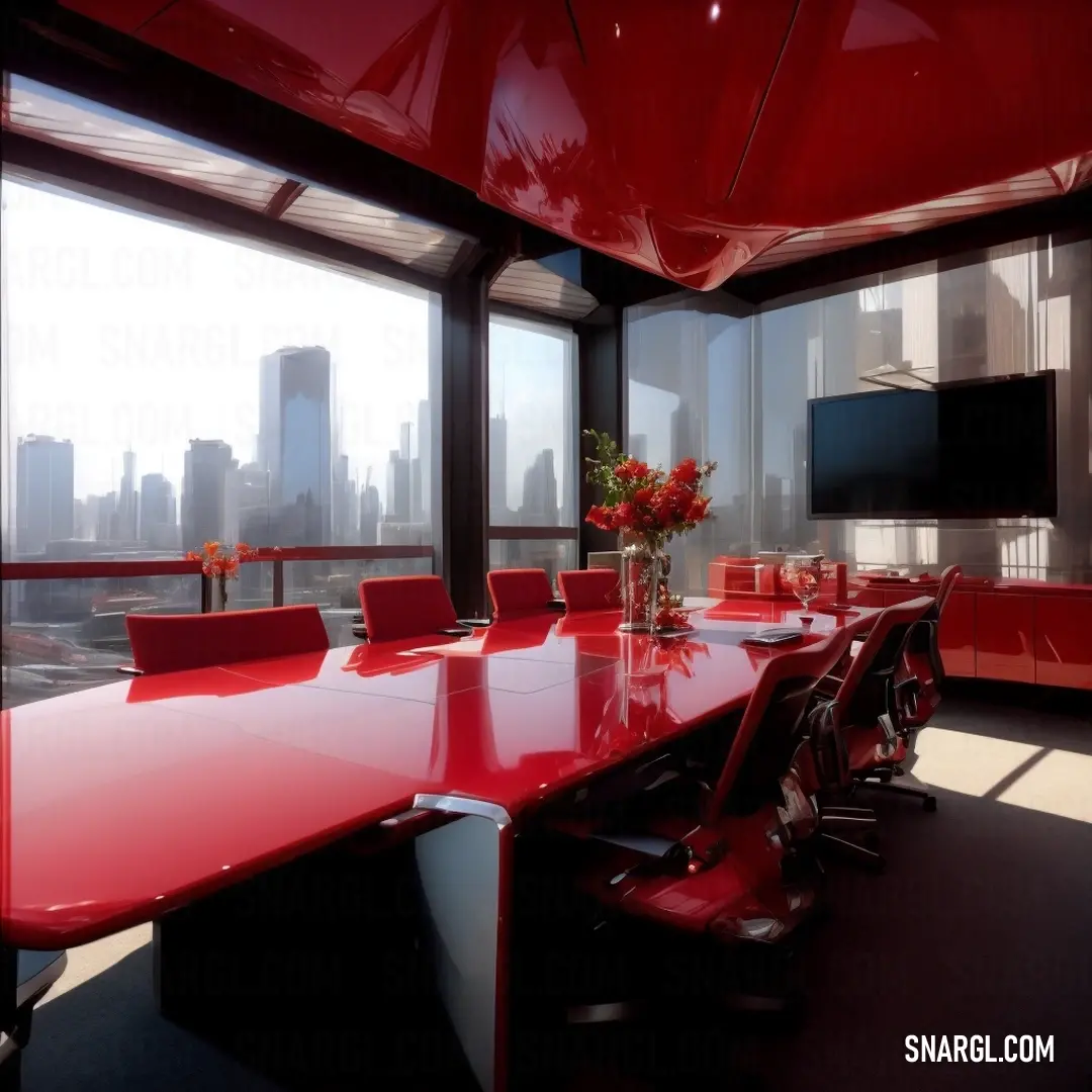 Conference room with a red table and chairs and a large window overlooking a cityscape with a television. Example of CMYK 0,95,80,50 color.