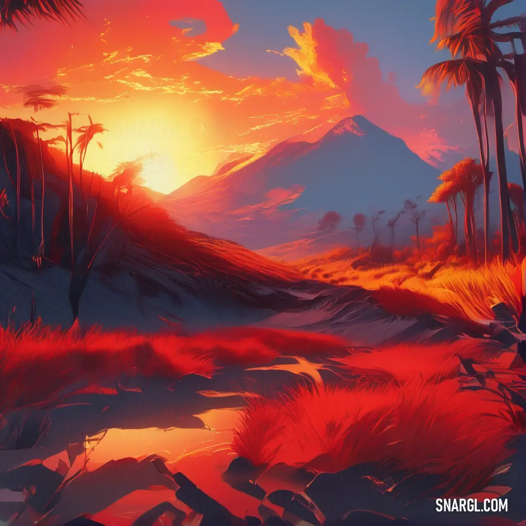 Painting of a sunset with a mountain in the background. Color RGB 126,17,24.