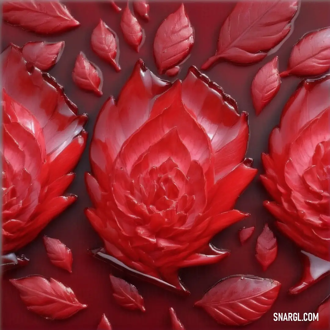 Red flower with leaves floating in a pond of water with a red background. Example of RGB 126,17,24 color.