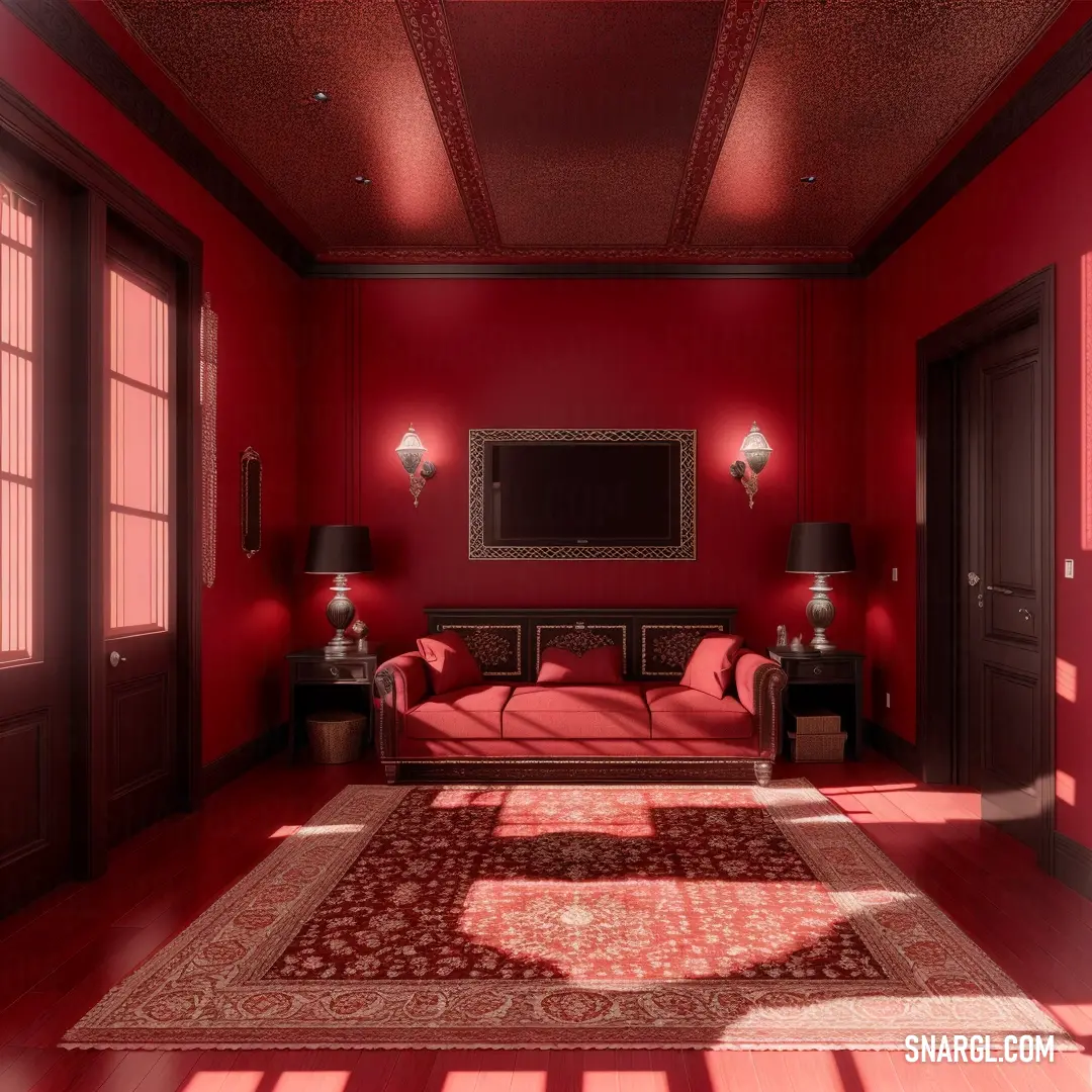 Room with a red wall and a red rug on the floor and a red couch with a red pillow. Color RGB 126,17,24.