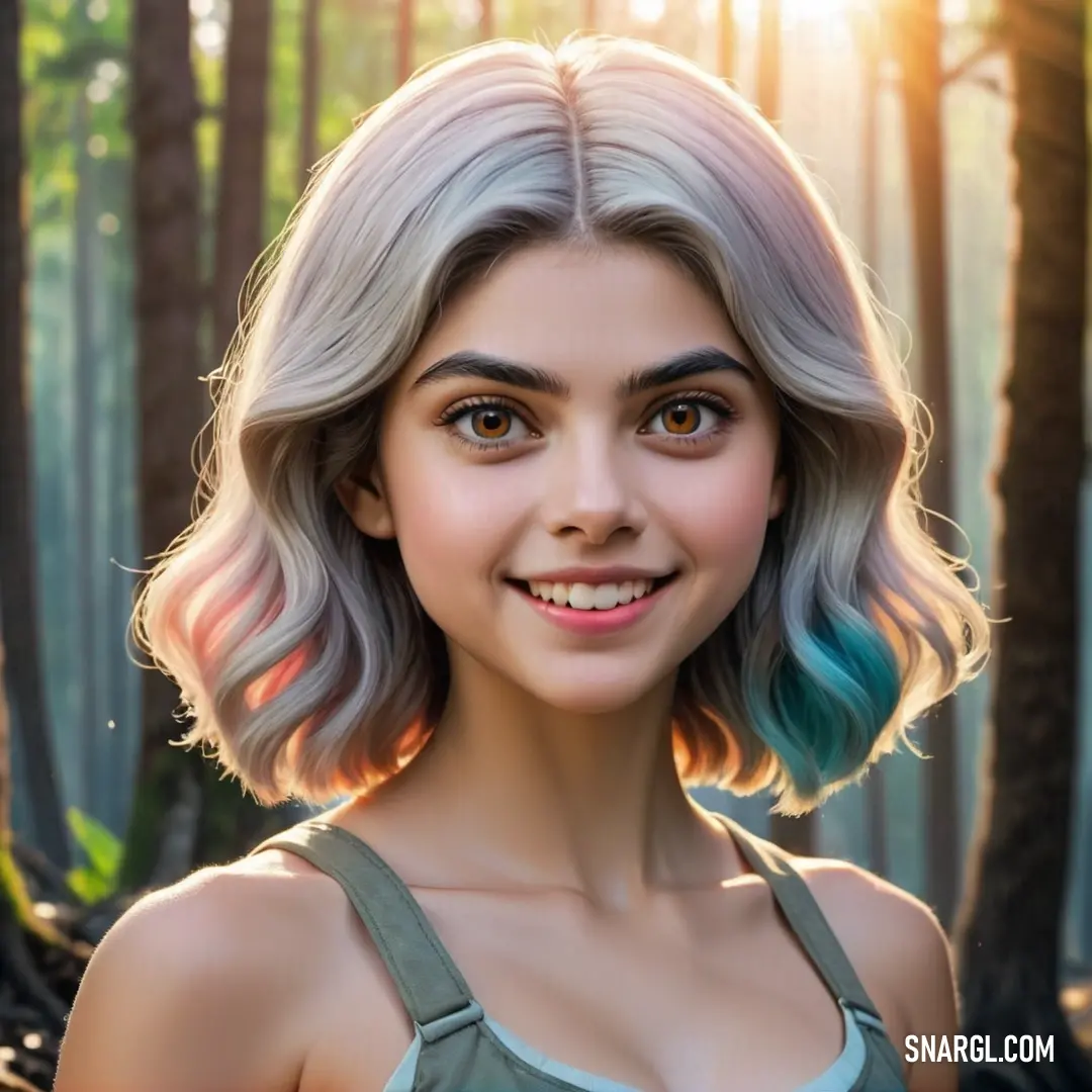 Digital painting of a woman with blonde hair and blue eyes in a forest with trees and sun shining through the trees