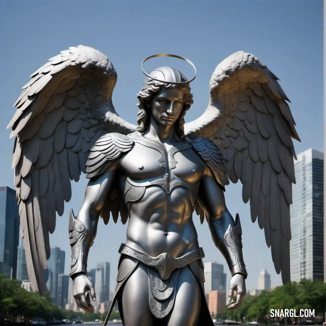 NCS S 4000-N color. Statue of a man with wings and a sword in his hand and a city in the background