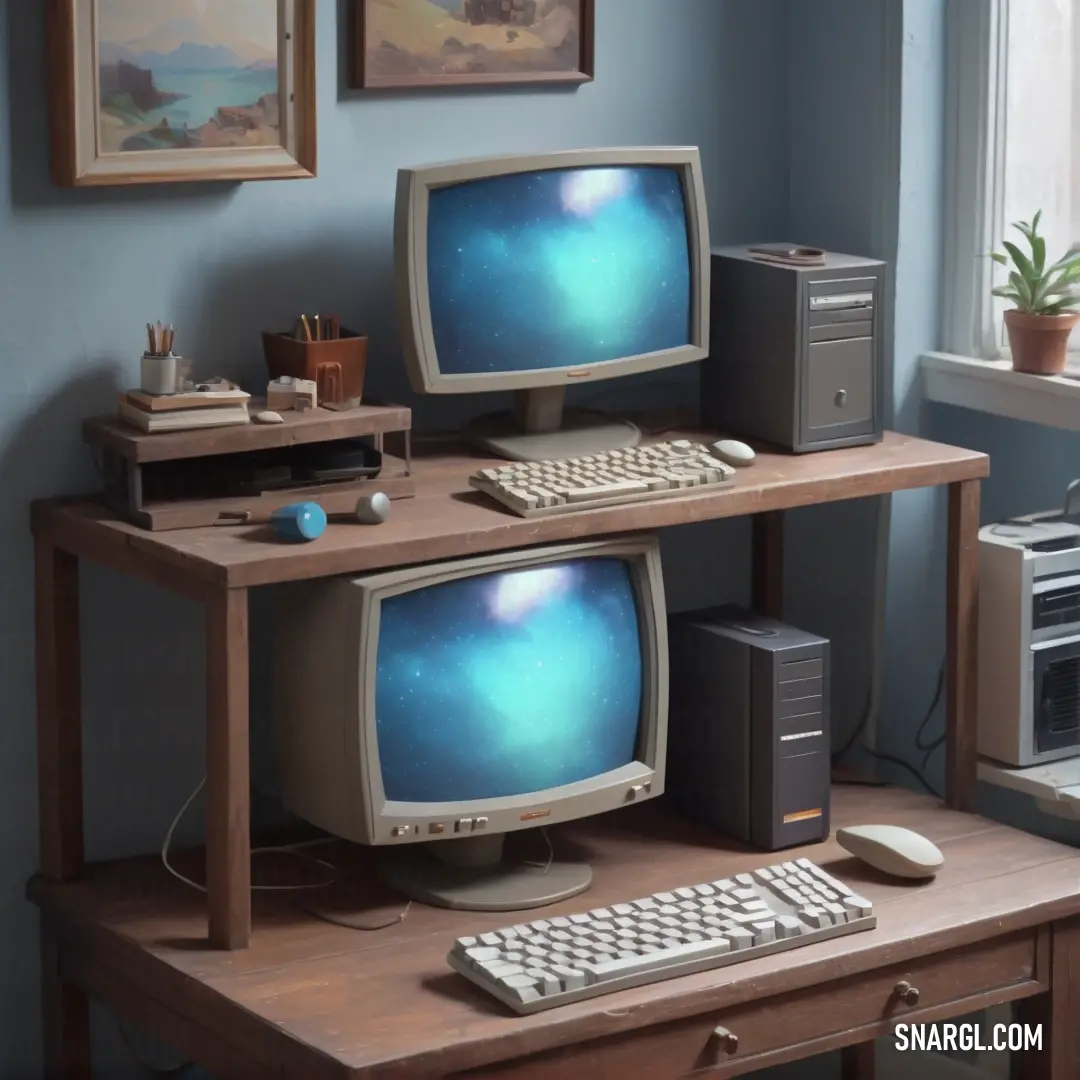 Desk with two computers and a keyboard on it. Example of RGB 132,125,126 color.