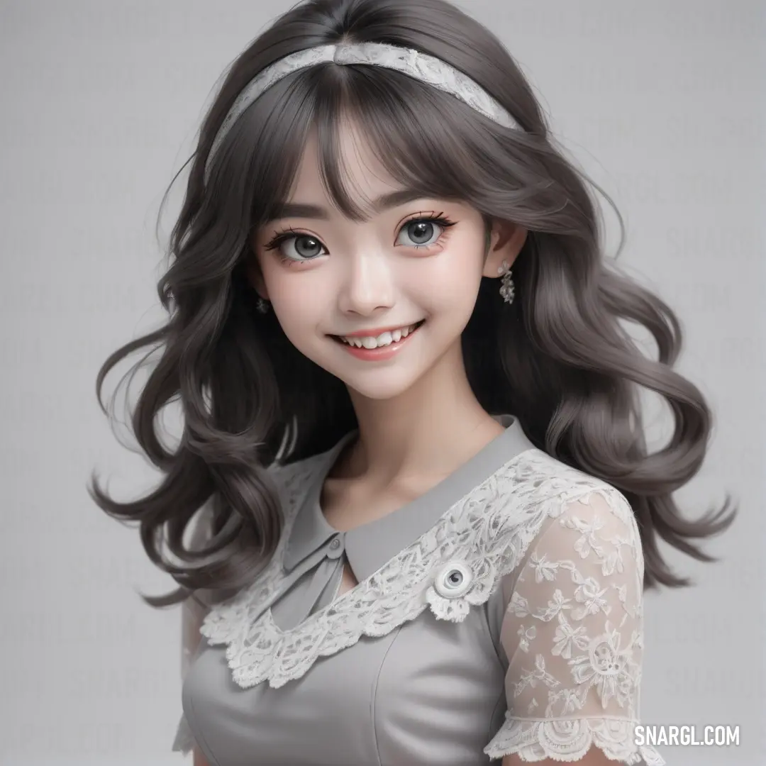 NCS S 4005-R20B color example: Girl with long hair and a gray dress smiling at the camera with a smile on her face and a white lace top