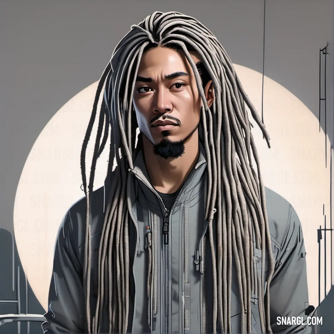 Man with dreadlocks and a beard in front of a white circle with a black background. Example of CMYK 15,12,0,50 color.