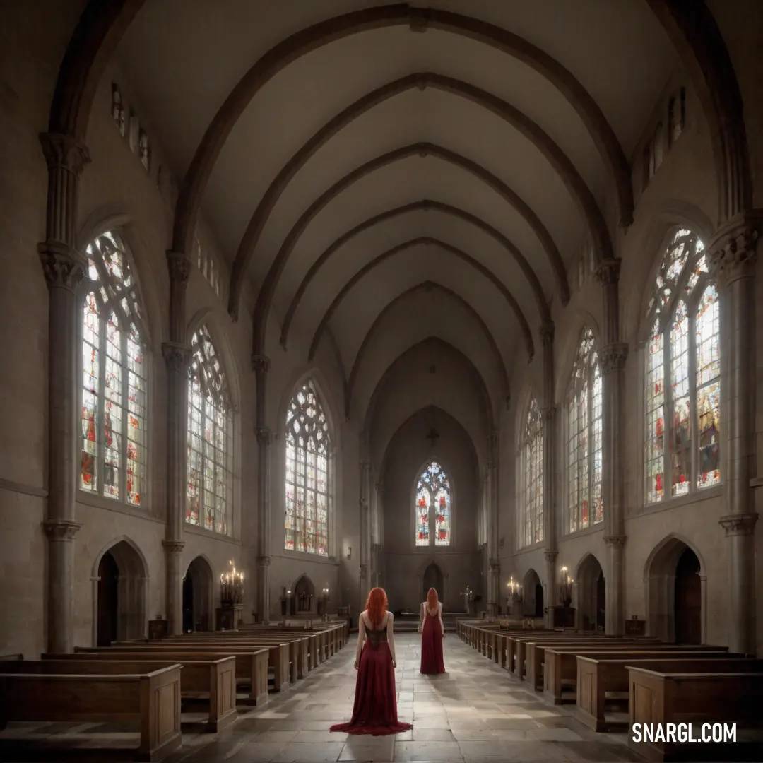 Woman in a red dress standing in a church with pews and stained glass windows on the walls. Color #8E846F.