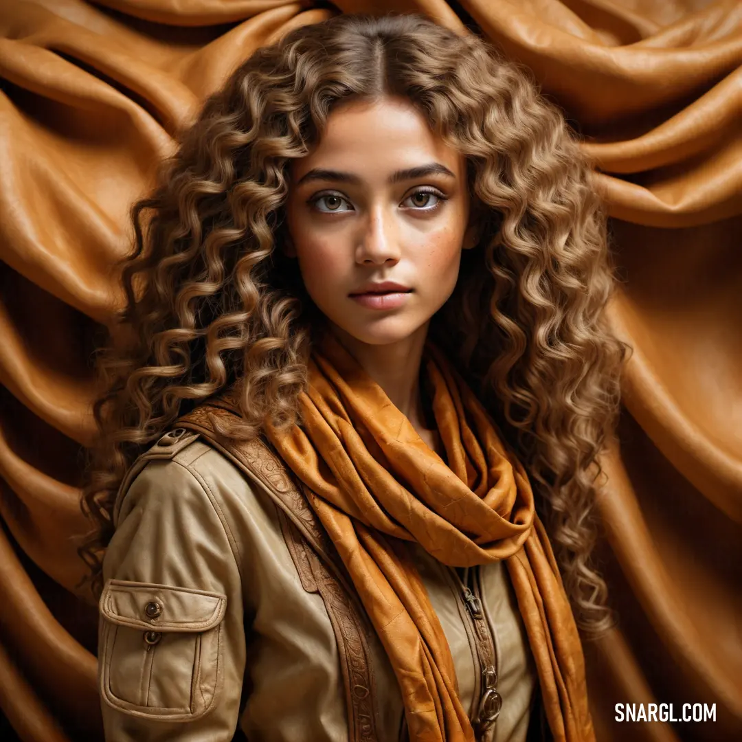 Woman with curly hair wearing a tan jacket and a scarf over her shoulders. Color #8E846F.