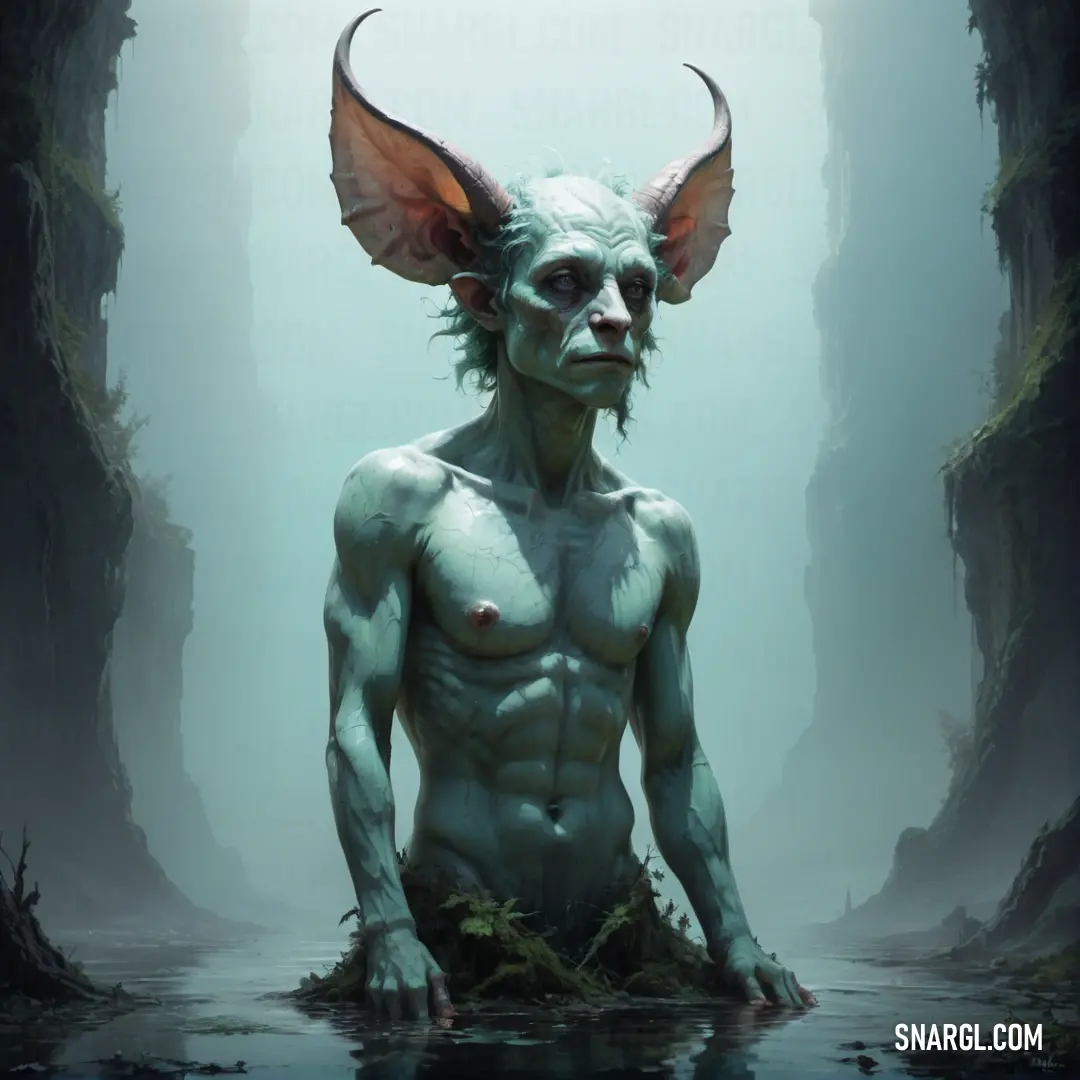 Creature with horns and a body of water in a forest with rocks and plants on the ground. Example of #6C877D color.