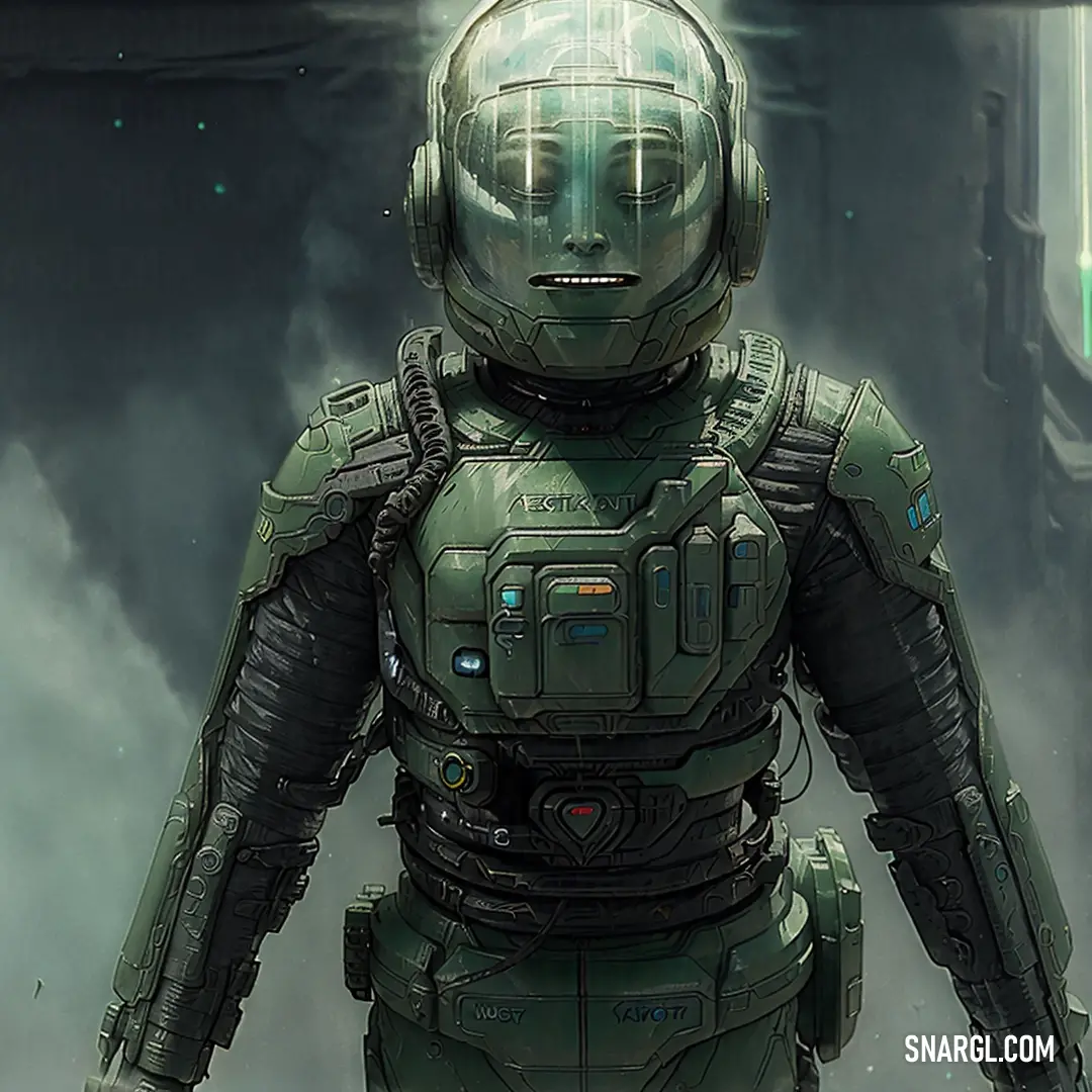 NCS S 4010-B70G color example: Futuristic man in a green suit standing in a foggy area with a gun in his hand and a helmet on his head