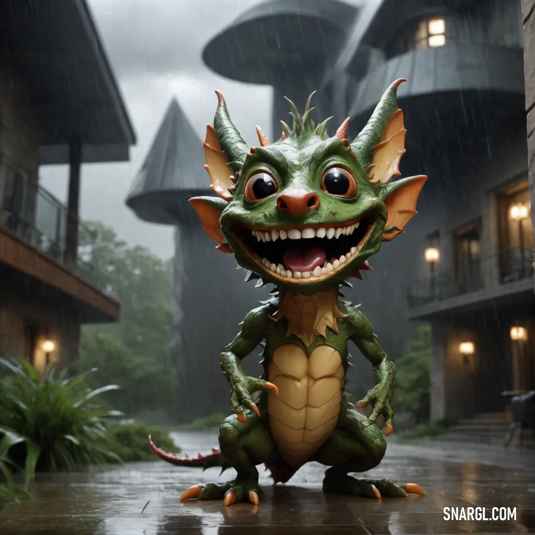 Green dragon with big eyes and a big smile on its face on a wet surface in front of a building. Example of RGB 113,133,111 color.
