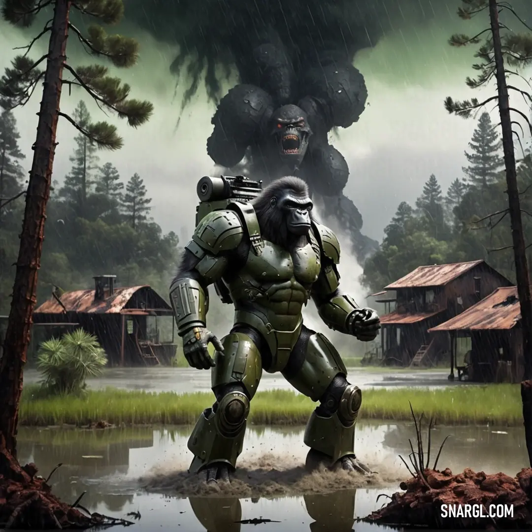 Giant robot standing in a swampy area next to a giant gorilla in the background. Example of NCS S 4010-G10Y color.