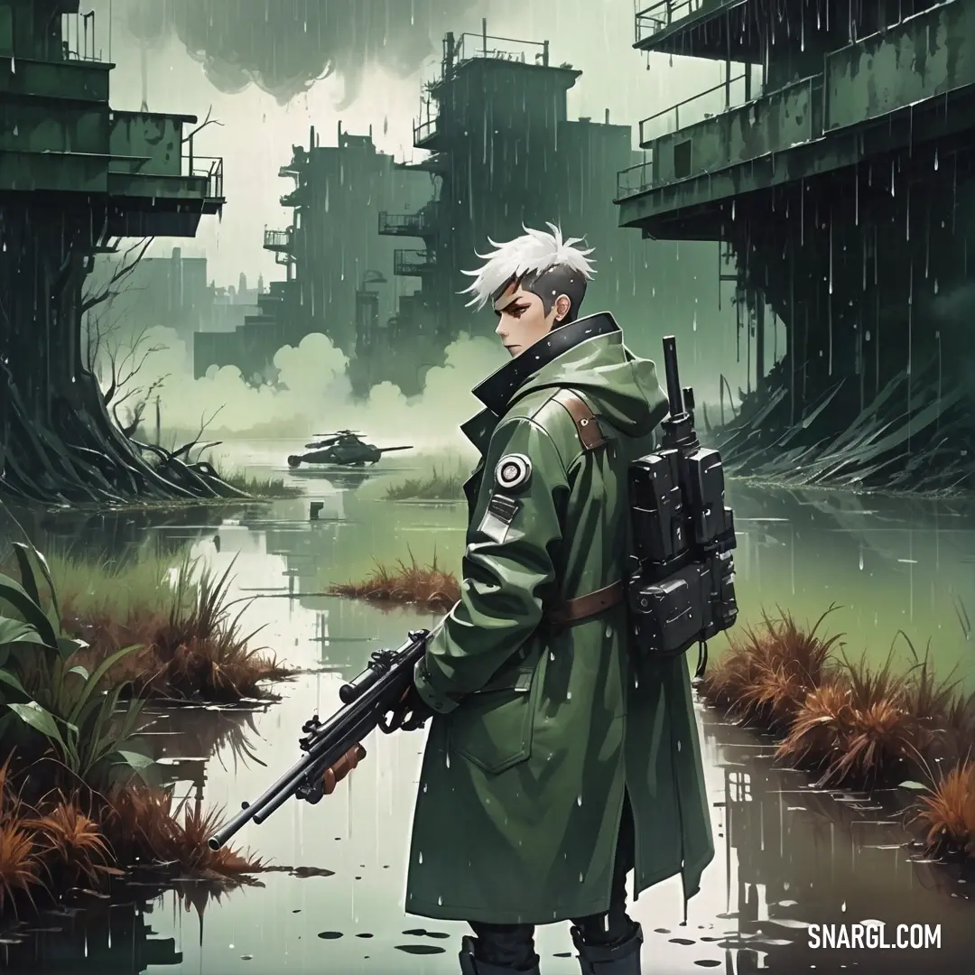 Man in a raincoat holding a gun and a rifle in a swampy area with a ship in the background. Example of NCS S 4010-G10Y color.