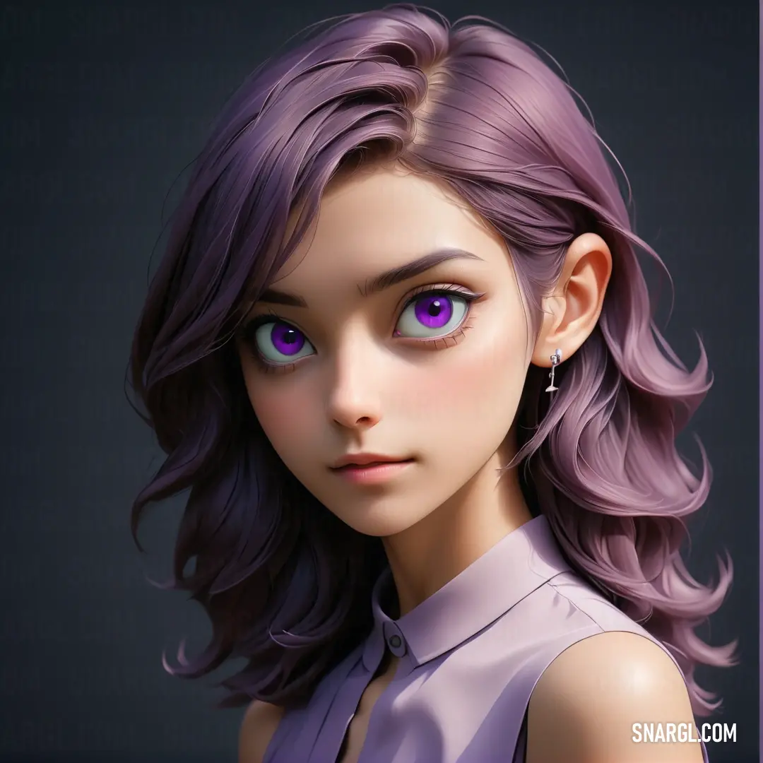 Digital painting of a woman with purple hair and purple eyes and a purple shirt on her shoulders. Example of NCS S 4010-R30B color.