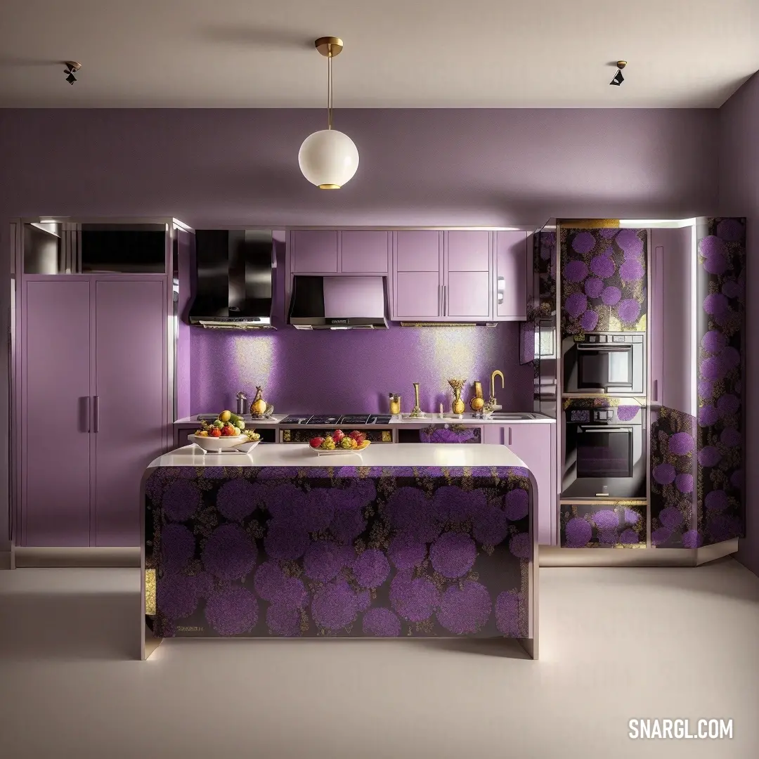 Kitchen with a purple counter top and a white counter top with a purple flower pattern on it. Color CMYK 0,25,0,50.