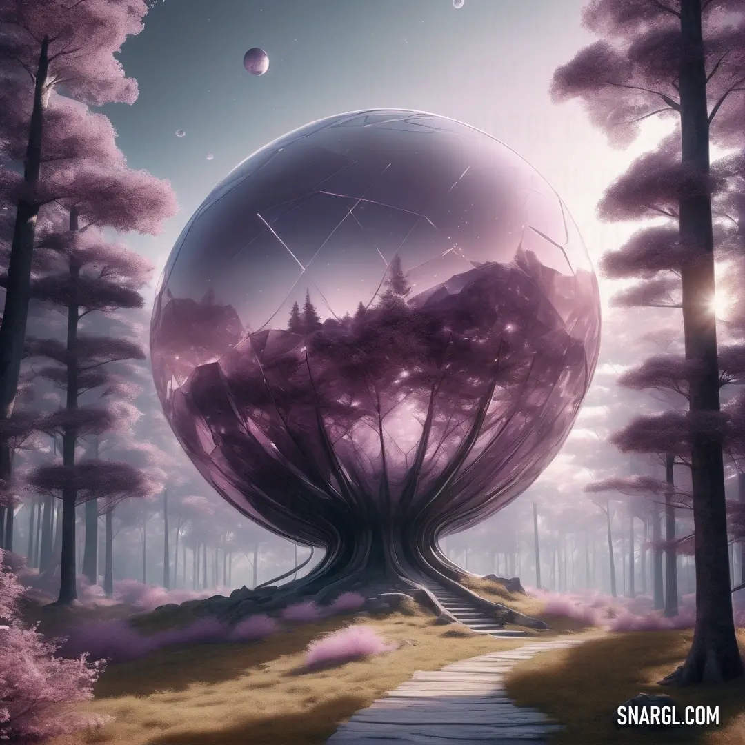 NCS S 4010-R30B color. Surreal scene of a large sphere in the middle of a forest with a path leading to it