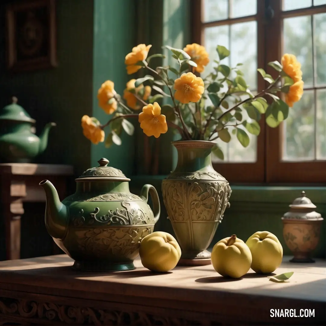 Vase with flowers and apples on a table in front of a window with a potted plant and a teapot. Color RGB 150,133,96.