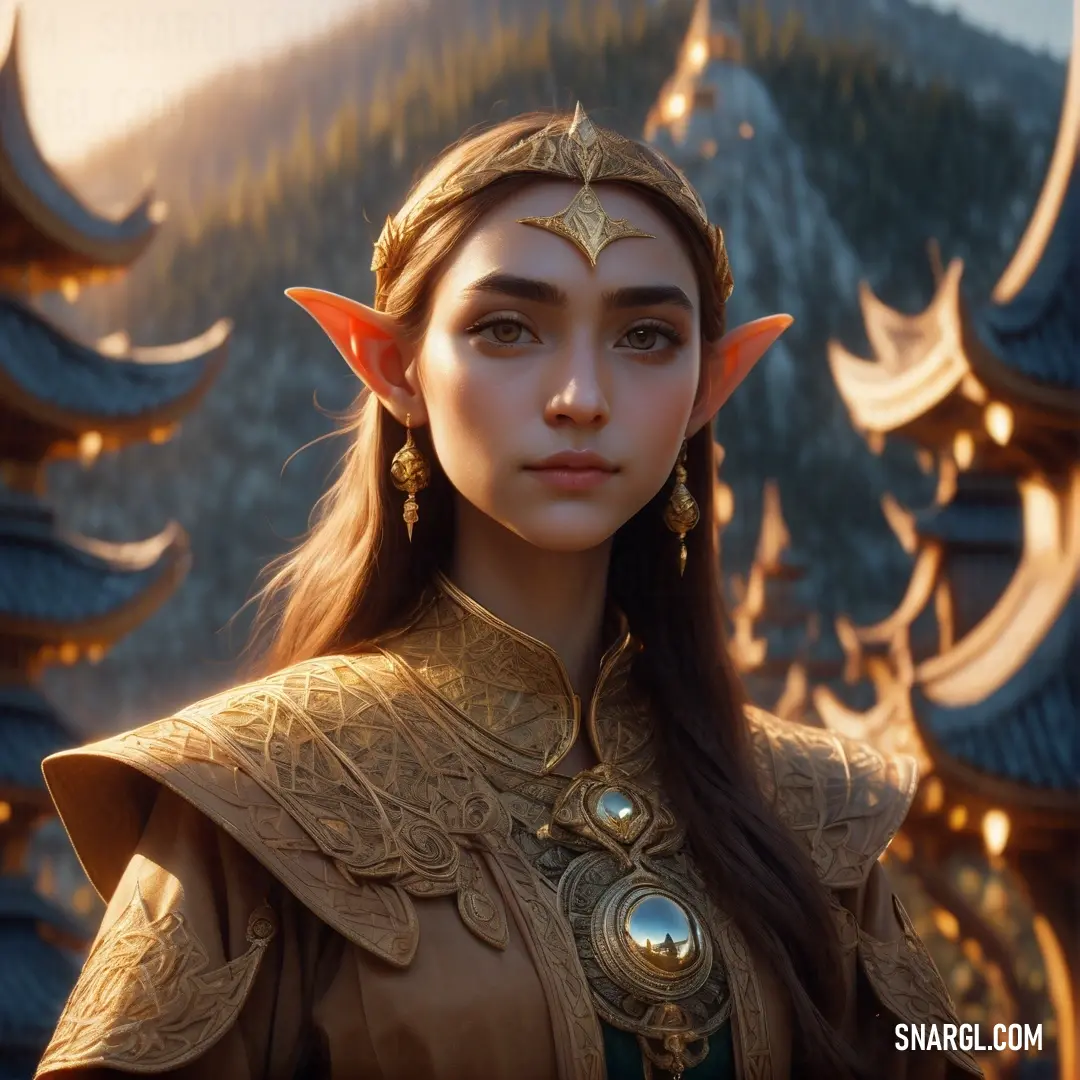 Woman in a costume with a elf's headpiece and a mountain in the background. Example of #947C5C color.