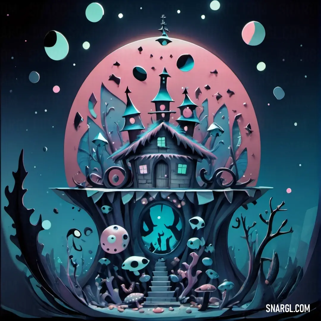House with a clock tower and a staircase leading to it in the night sky with stars and moon. Example of CMYK 45,5,0,50 color.