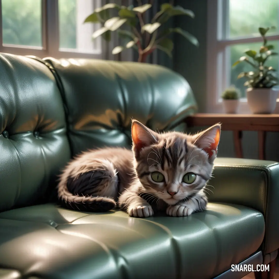 Cat laying on a green leather chair in a living room with a potted plant in the background. Color RGB 84,128,124.