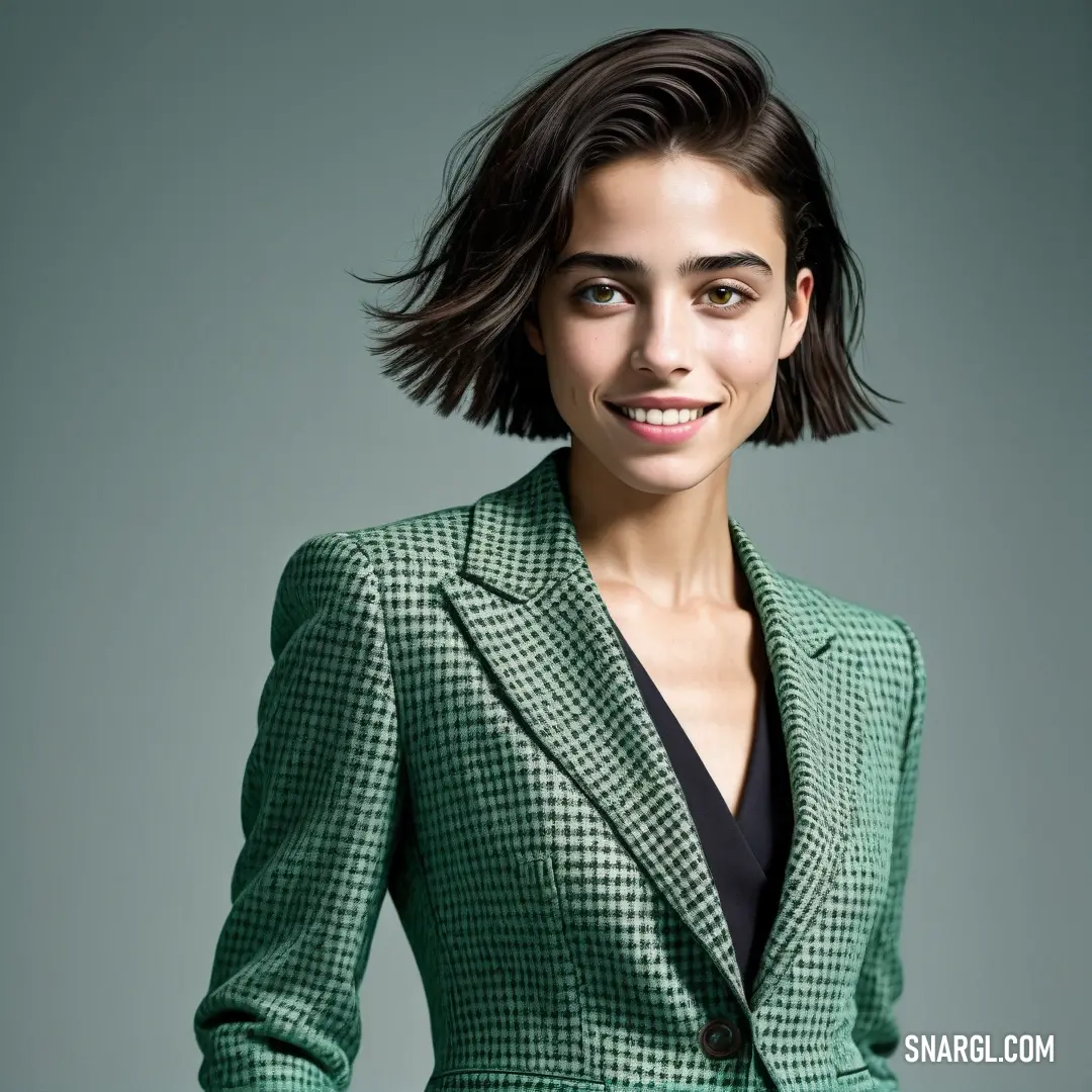 Woman in a green jacket and black top smiling at the camera with her hair in the air and her eyes closed. Example of CMYK 50,0,25,45 color.