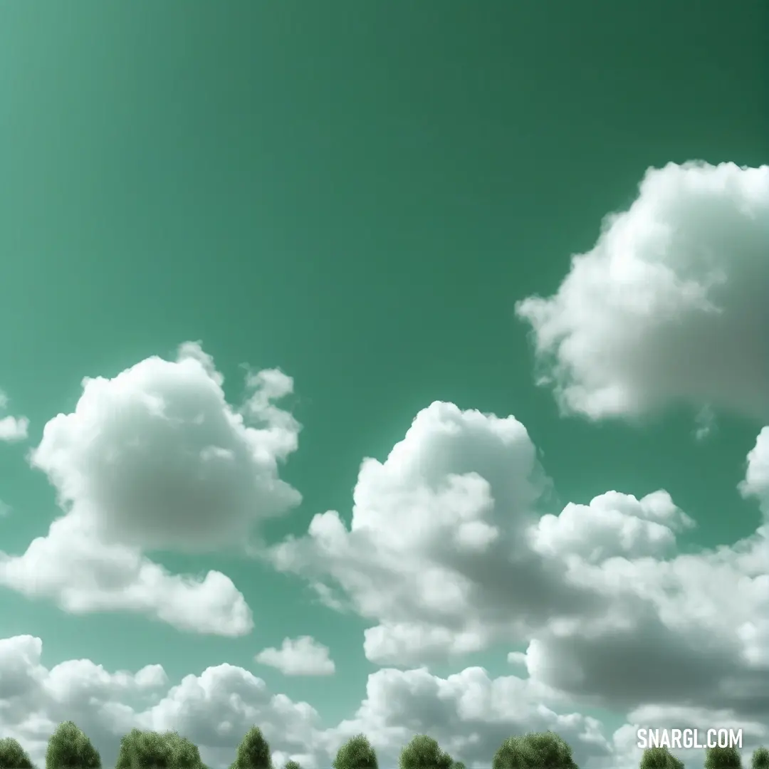 Green sky with clouds and trees in the foreground. Example of CMYK 52,0,38,45 color.