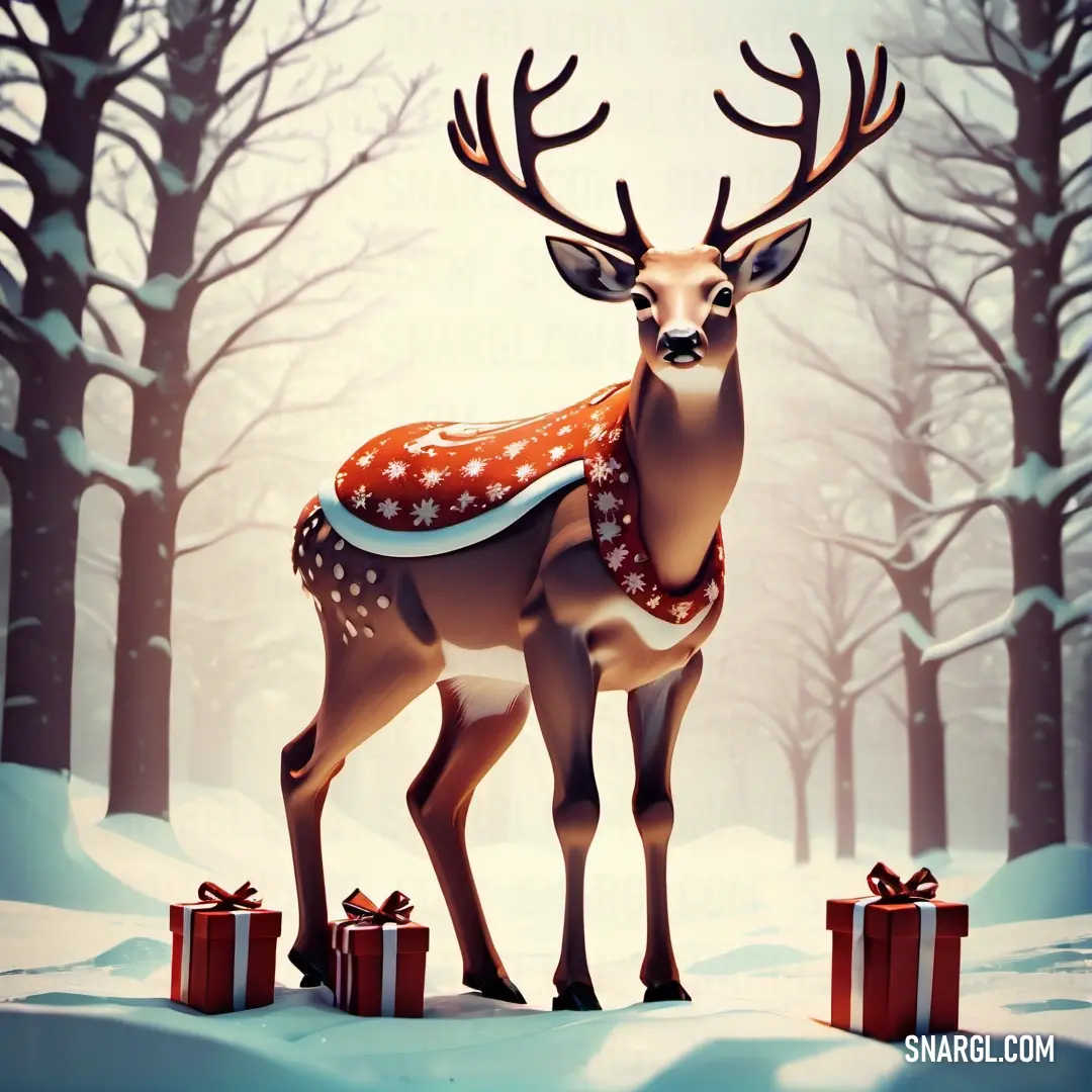 Deer with a scarf on standing in the snow with presents under it's antlers and a bow. Example of NCS S 4020-R color.