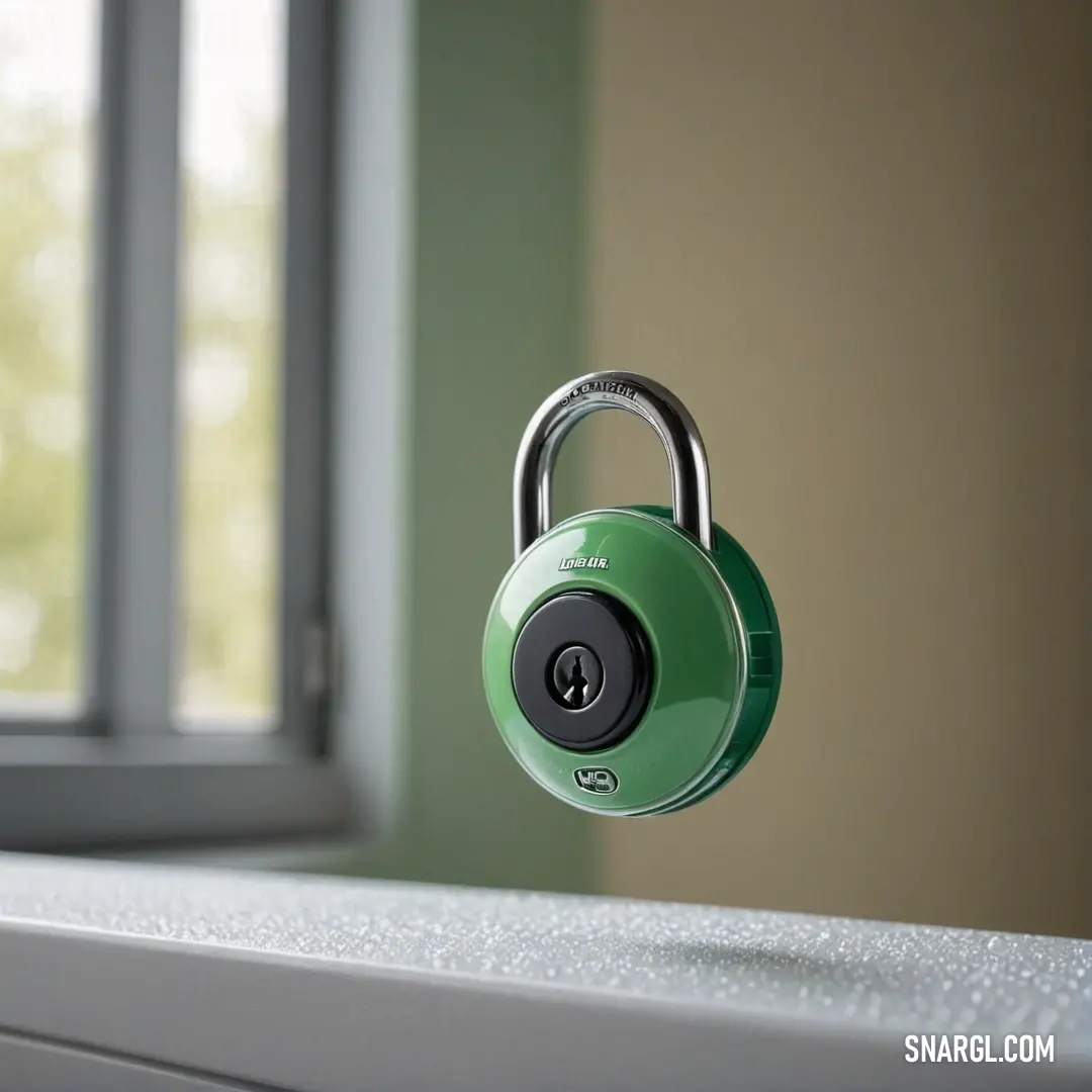 A vibrant green padlock rests on a window sill, surrounded by the serene backdrop of a softly illuminated window. The earthy shade (#8B5A58) reflects safety and tranquility, establishing a sense of peace in the home.