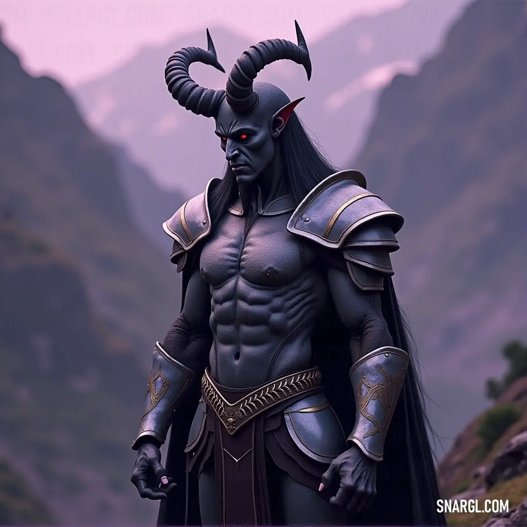 A male character adorned with decorative horns and a striking outfit stands confidently, showcasing his unique style against a textured backdrop. The combination of colors brings a boldness to the scene that speaks to his adventurous spirit.