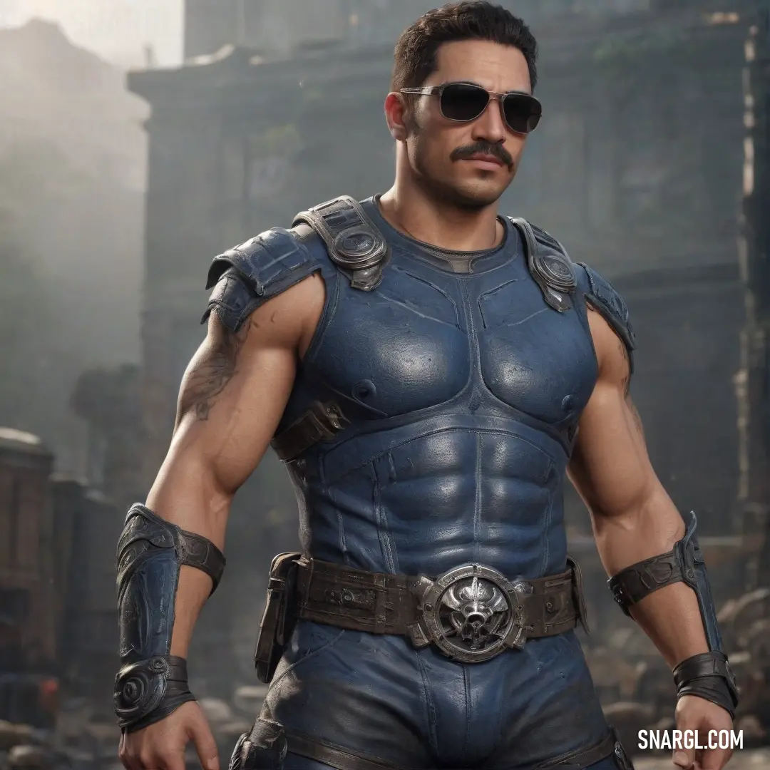 A man in a blue costume wearing sunglasses poses with a gun amid the ruins of a building, depicting a narrative of resilience and adventure against a rugged backdrop.