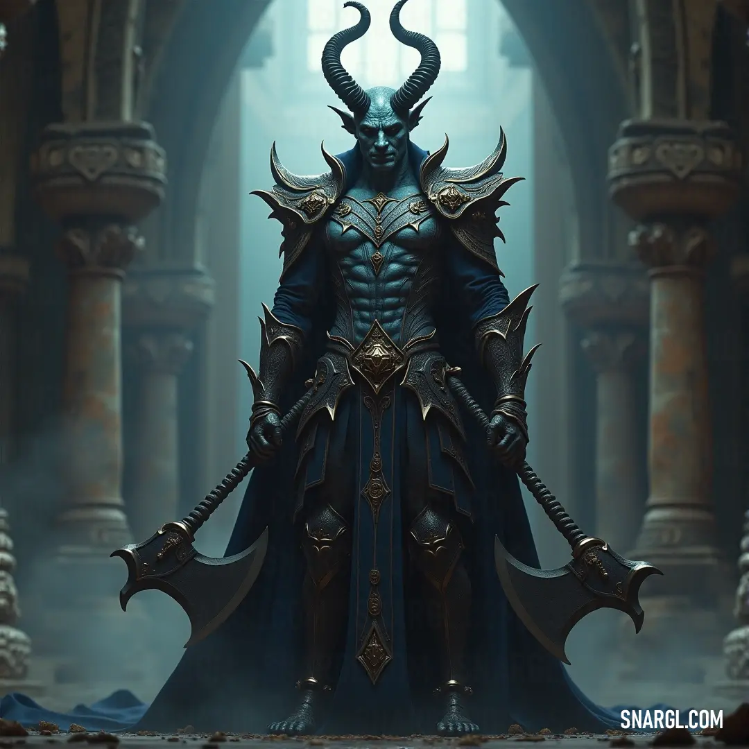 A formidable figure clad in an elaborate horned costume, stands stoically within a dimly lit cave, brandishing a glimmering sword and wearing a sturdy helmet, conveying an air of mystery and adventure in an undiscovered realm.