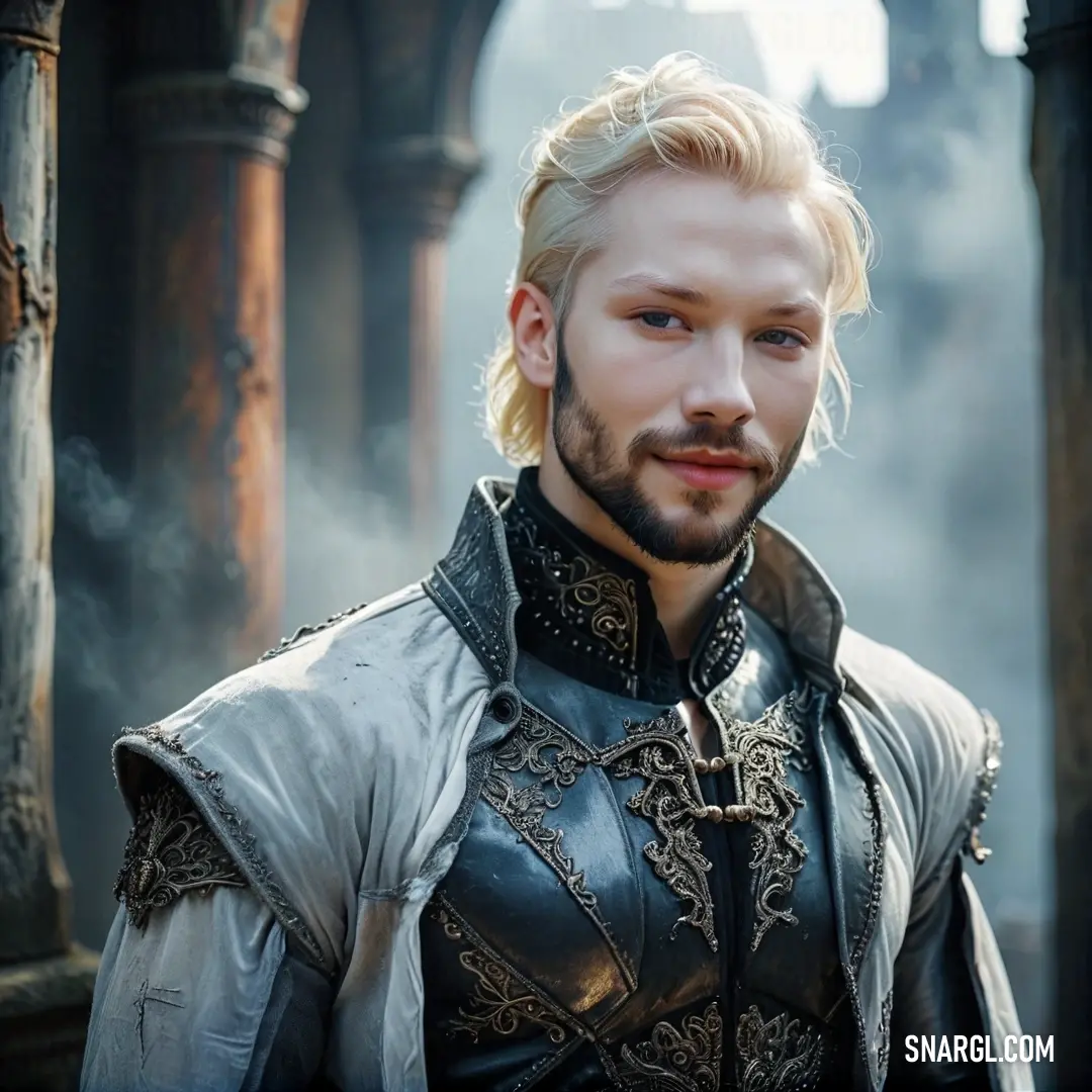 In an elegant courtyard, a man with a beard and leather attire stands confidently, framed by historical columns and pillars that evoke a sense of timelessness and strength.