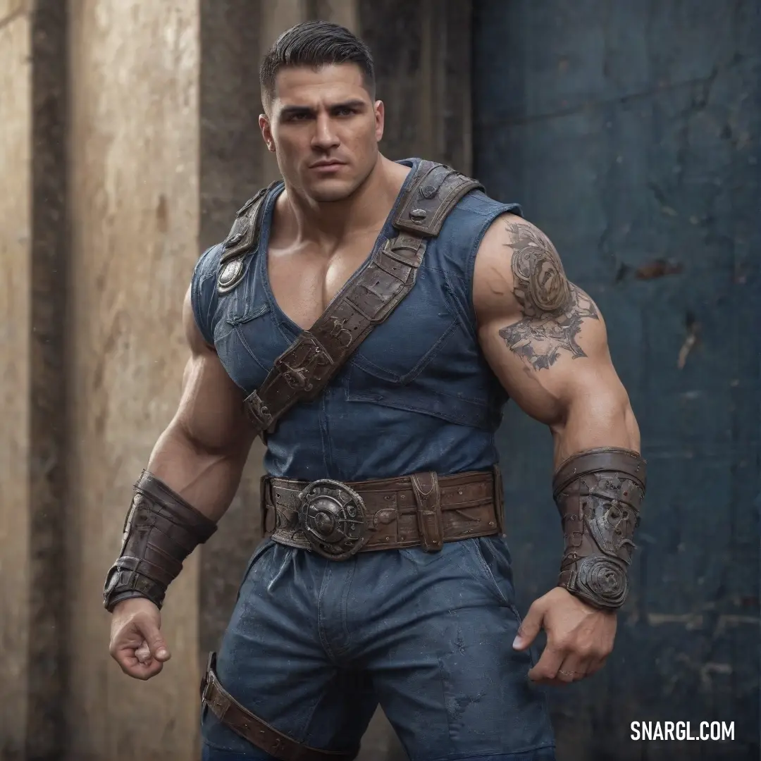 A man in a blue shirt and leather gloves gazes intently at the camera, holding a gun, exuding an air of mystery and intrigue while reflecting strength and focus.