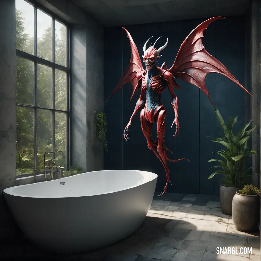 Bathtub with a giant red dragon in the middle of it's room. Color #8A6671.