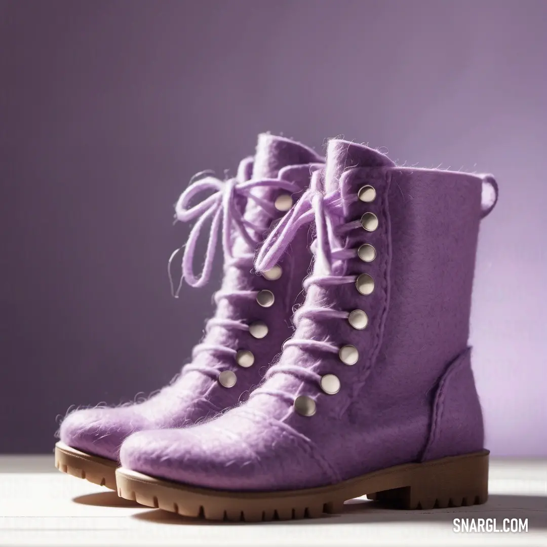 NCS S 4020-R30B color. Pair of purple boots with laces on them on a table