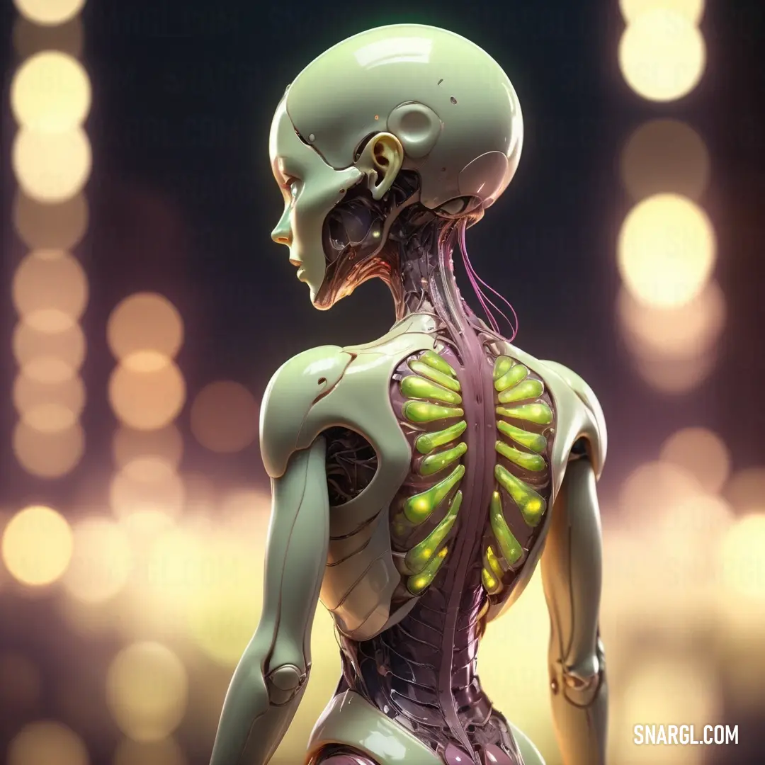 Human skeleton with a green and yellow skeleton on it's back and a yellow. Example of #7F6377 color.