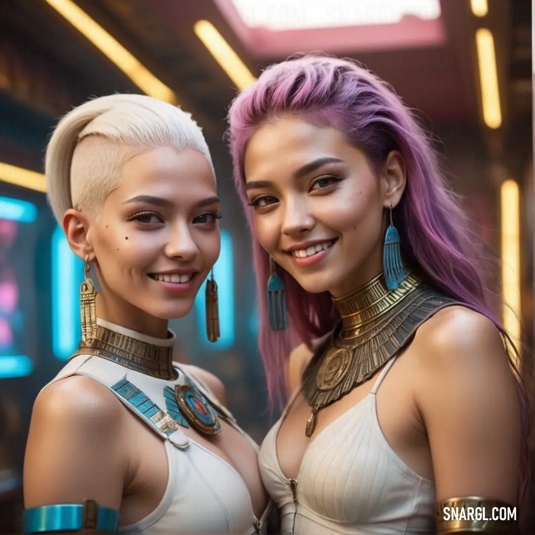 Two women with pink hair and gold jewelry posing for a picture together in a futuristic setting with neon lights