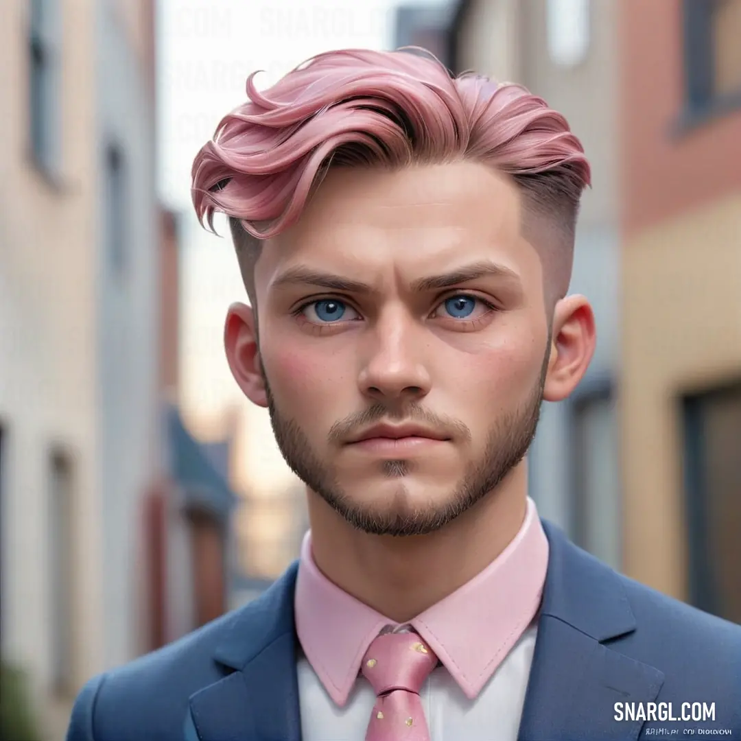 Man with pink hair and a suit and tie on a street corner with buildings in the background. Color #5A7088.