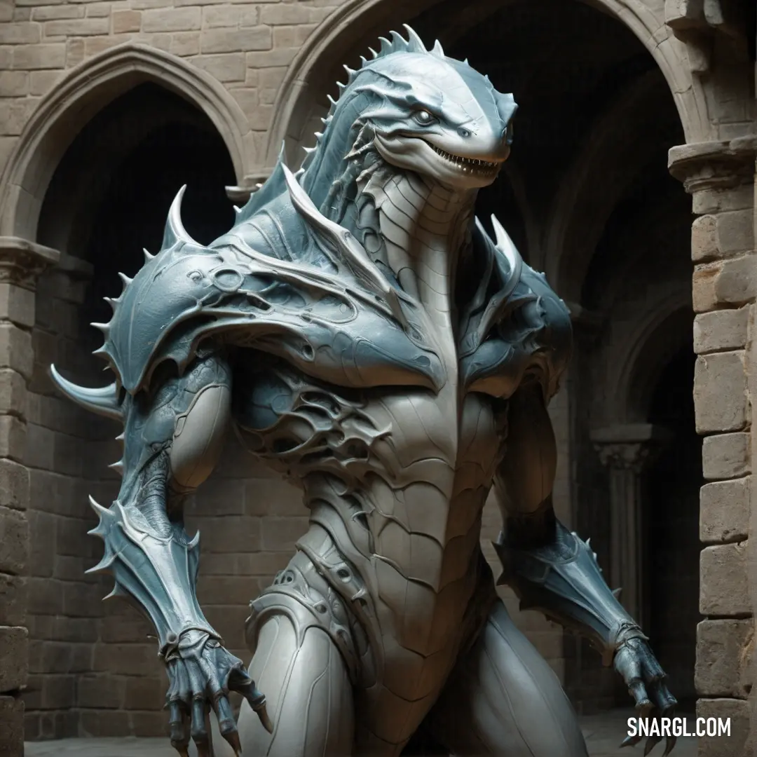 Statue of a dragon in front of a building with arches. Color RGB 90,112,136.