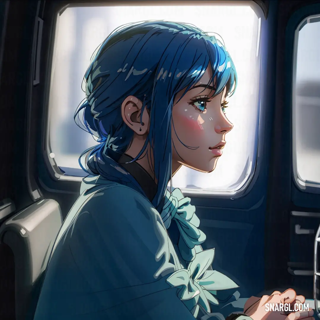 Woman with blue hair in a car looking out the window at something in the distance with a birdcage on her shoulder