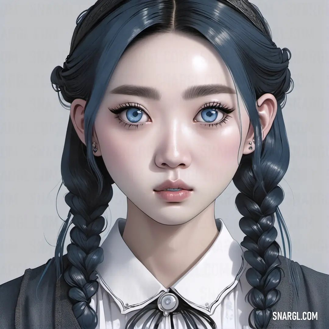 Digital painting of a girl with blue eyes and braids in her hair. Example of CMYK 40,12,0,50 color.