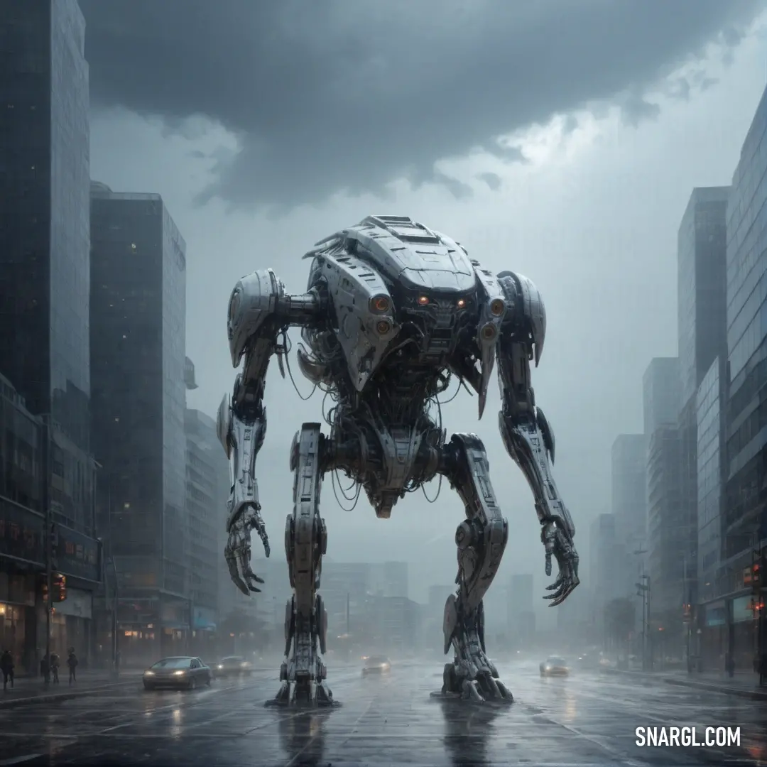 NCS S 4020-R90B color example: Giant robot standing in the middle of a city street in the rain with a car passing by it
