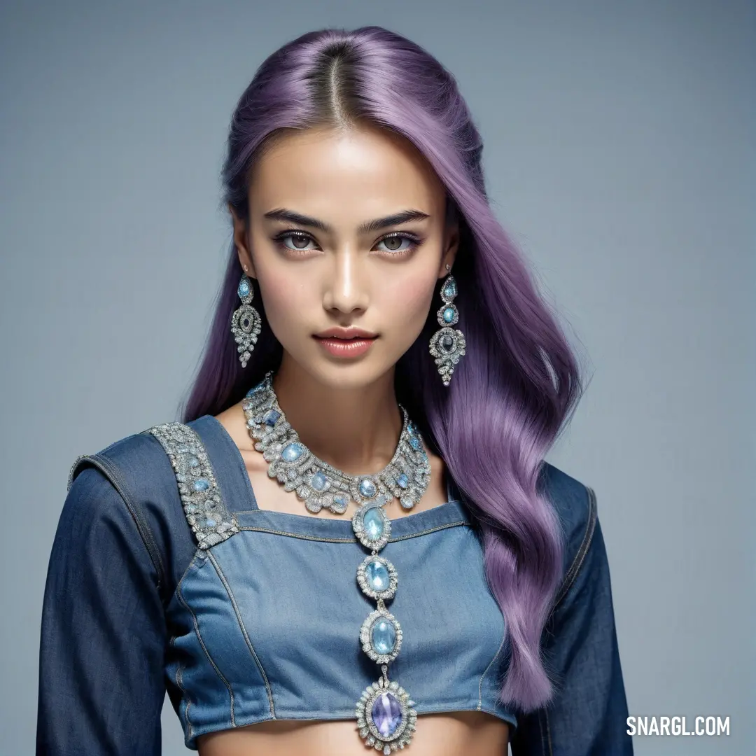 Woman with purple hair wearing a blue top and a necklace and earrings with a diamond and amethyst motif. Color CMYK 40,12,0,50.