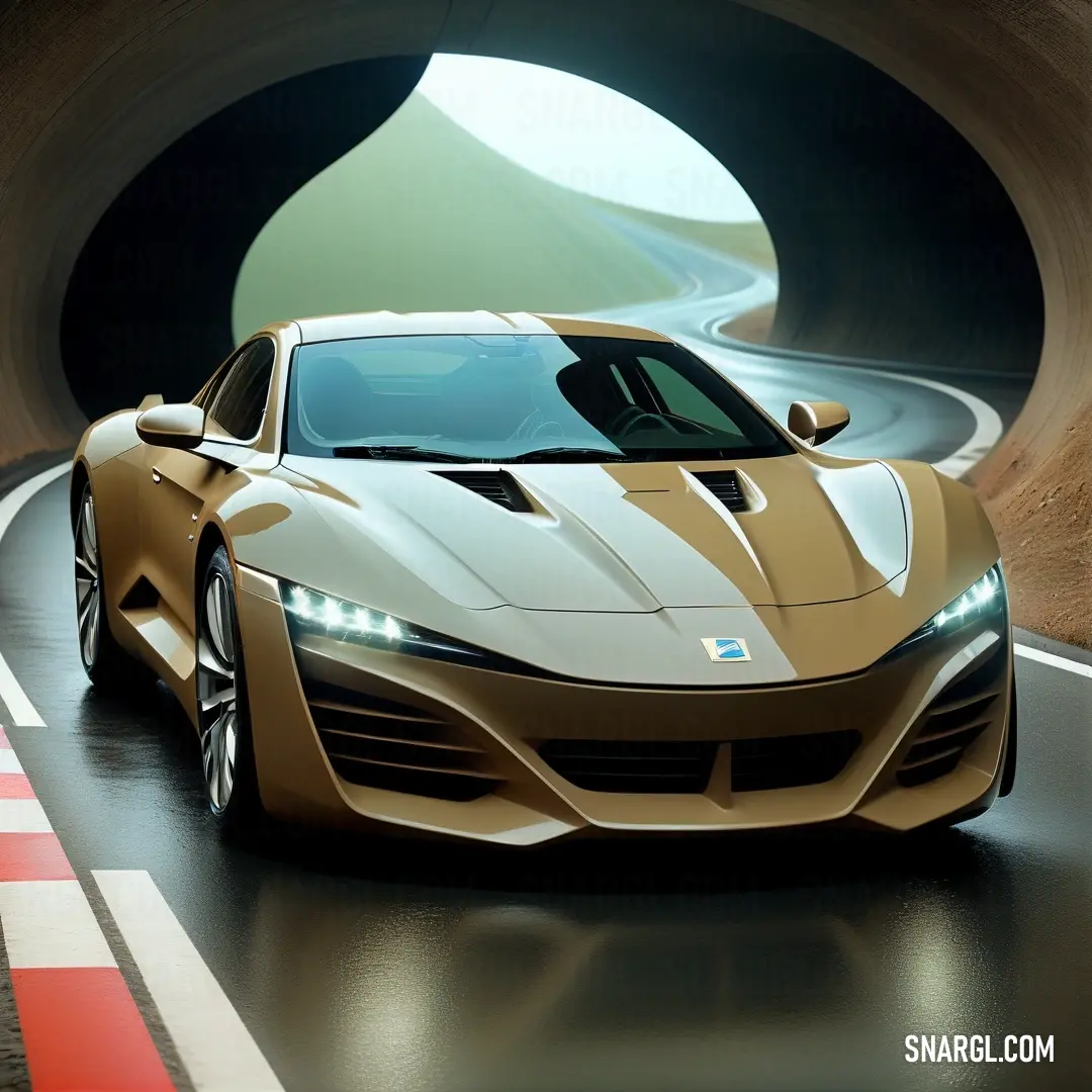 Car driving through a tunnel on a road with a red and white stripe on it's side. Color NCS S 4020-Y10R.