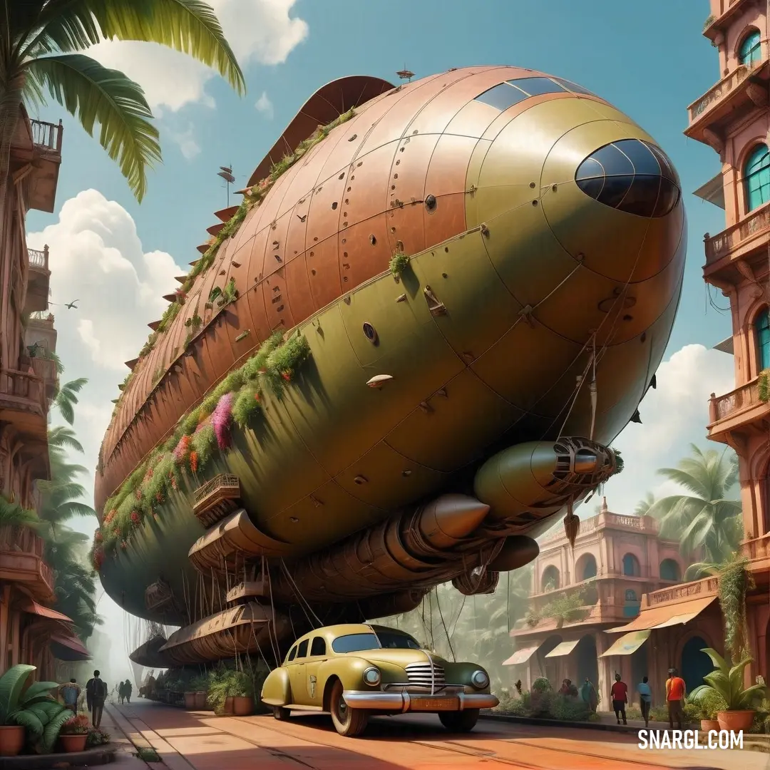 Large yellow car is parked in front of a giant ship in a city with palm trees and a building. Example of RGB 146,118,69 color.